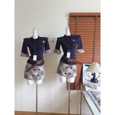 批发高智坏学姐优雅风韩系两件套女夏季格纹拼接长袖格子包臀短裙