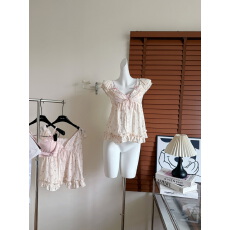 批发CallmeEar//原创法式甜心100棉<b class='q'>泡泡袖</b>v领小衫+蝴蝶结美背