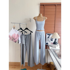 批发Laareetoo  <b class='q'>条纹</b>吊带背心女夏季短款打底上衣显瘦直筒休闲裤套装