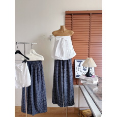 批发YOLO SHOP 蓝色格子肌理感休闲裤子薄<b class='q'>夏</b>季韩系慵懒风宽松弯刀裤女