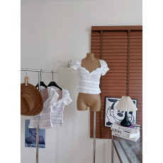 批发LINONEONE 轻氧云朵 蕾丝大方领扭结褶皱小性感短袖修身弹力T恤