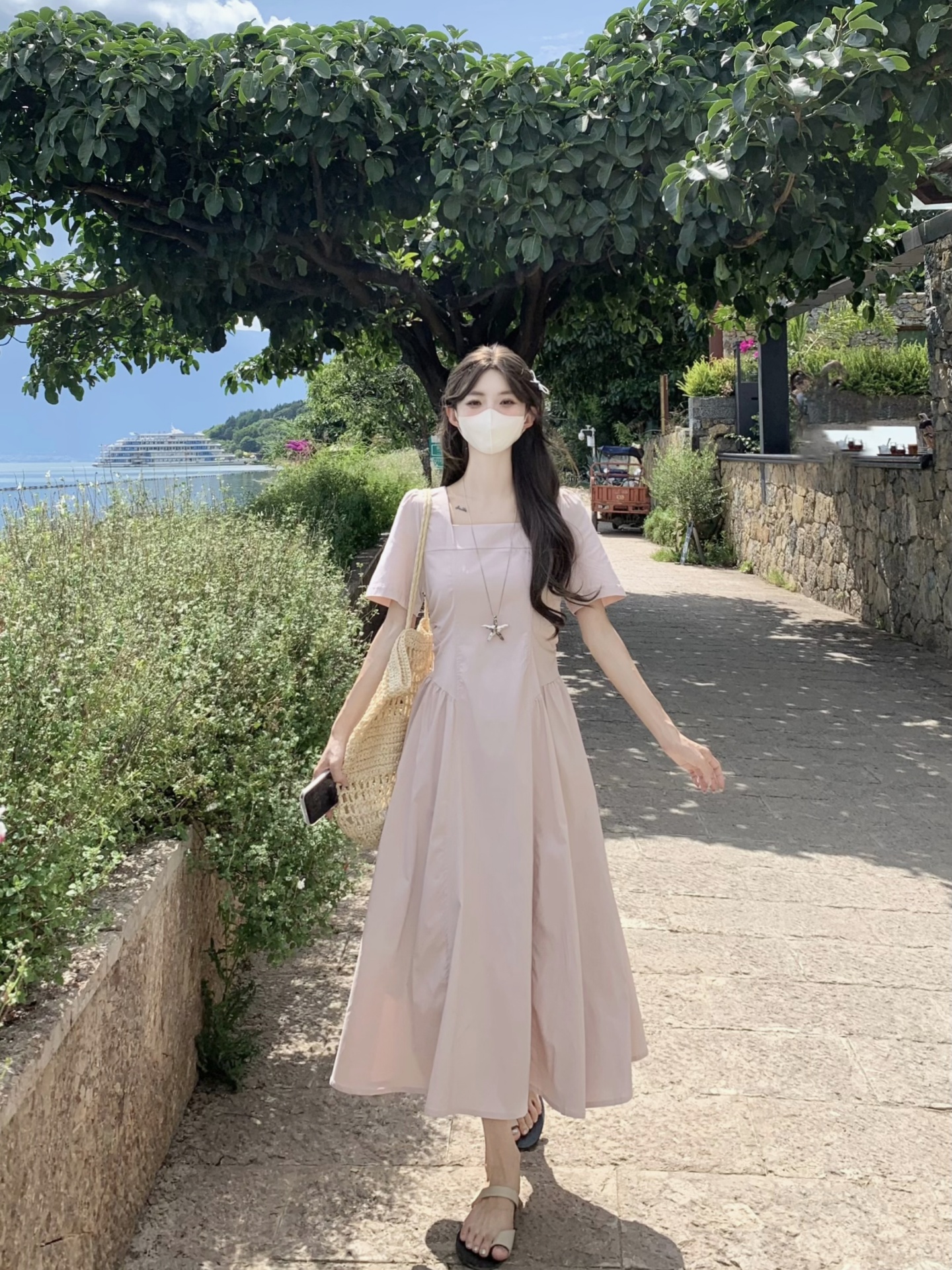 RY3933# 大码实拍~法式气质方领收腰显瘦胖MM长裙高级感时尚连衣裙