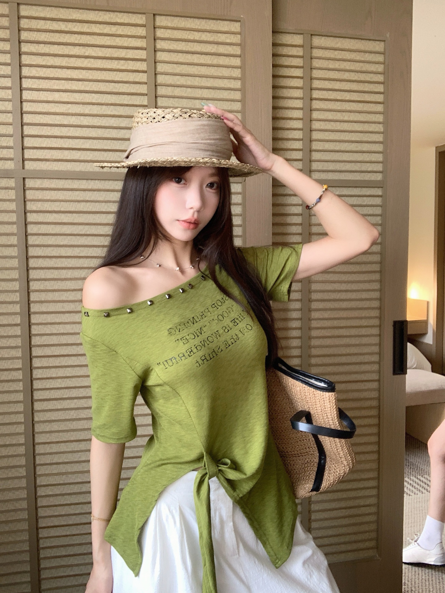 RY3932# 大码实拍~夏一字领露肩设计感胖MM短袖T恤不规则绑带收腰显瘦上衣