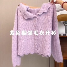 批发温柔紫色波浪边海军<b class='q'>翻领</b>麻花毛衣针织开衫女秋冬新款宽松显瘦上衣