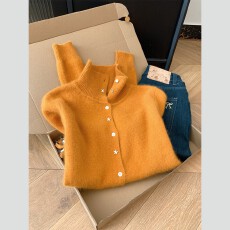 批发kiss allow绵羊毛橘黄色翻领<b class='q'>长袖</b>针织<b class='q'>开衫</b>毛衣外套女初秋穿搭上衣