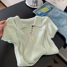 批发彩色纽扣polo领针织衫女2026夏季新款韩系设计感小众百搭短袖上衣