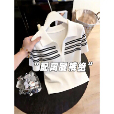 批发韩系条纹半开领针织短袖t恤女夏季2026新款设计感小众白色小上衣 