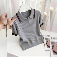 批发灰色撞色polo领短袖t恤女2026夏季薄款大码胖mm撞色短款体恤上衣 