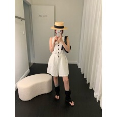 批发韩系<b class='q'>正品</b>百搭显瘦V领系带亚麻无袖连体裤女短裤