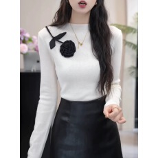批发法式<b class='q'>立体</b><b class='q'>花朵</b>长袖针织衫女2025秋季新款设计感修身打底衫<b class='q'>上衣</b>