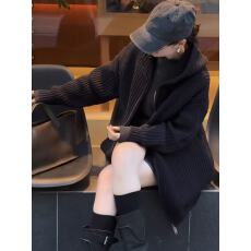 批发宽松藏青色连帽中长款针织衫女2025秋季新款时尚百搭气质减龄<b class='q'>通勤</b>