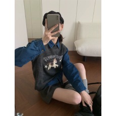 批发减龄字母小马提花2026早<b class='q'>春</b>毛衣马甲+牛仔衬衫两件套