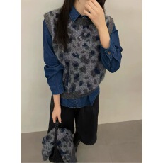 批发十三行2026早<b class='q'>春</b>豹纹针织马甲背心女牛仔衬衫叠穿上衣两件套装