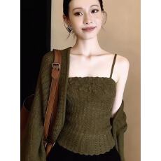 批发镂空法式<b class='q'>手工</b>复古立体花朵针织抹胸绿色气质温柔马海毛两件套开衫