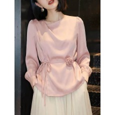 批发法式粉色衬衫女长袖春季2026新款高级感气质减龄系带收腰显瘦上衣