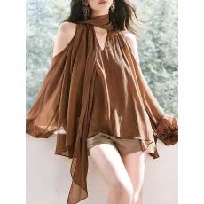 珠光肌理感亮丝雪纺V领垂坠飘带露肩灯笼袖宽松上衣