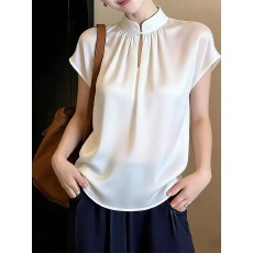 批发法式温柔风白色立领短袖上衣女春季2026年新款高级感显瘦百搭内搭