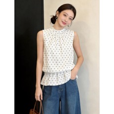 批发高级感白色波点圆领无袖<b class='q'>衬衫</b>女夏季新款宽松收腰显瘦上衣