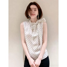 批发法式波点飘带立领无袖衬衫女夏季新款设计感甜辣风气质无袖上衣潮