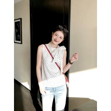 批发韩系波点飘带立领无袖衬衫女夏季新款设计感甜辣风气质无袖上衣潮