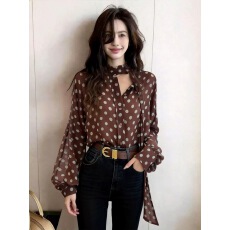 批发港风复古气质感波点飘带长袖衬衫上衣女宽松显瘦时尚2026春季<b class='q'>新款</b>