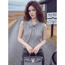 批发2026夏季设计感小众褶皱无袖上衣女灰色气质<b class='q'>大码</b>穿搭高级感背心衫