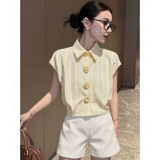 批发2026新款时尚休闲慵懒超好看polo领黄色立体短袖<b class='q'>衬衫</b>