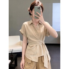 批发2026新款韩系<b class='q'>夏</b>季轻熟简约风短袖衬衫女绑带收腰显瘦百搭气质上衣