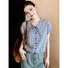 批发泡泡短袖格子打底衬衫女夏季新款法式蝴蝶结短款上衣