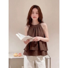 批发咖色挂脖<b class='q'>双层</b>荷叶边休闲<b class='q'>背心</b>女夏季百搭显瘦温柔无袖大码小衫上衣