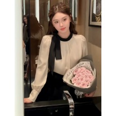 批发法式醋酸<b class='q'>缎面</b>蝴蝶结飘带衬衫女2026秋季新款高级感小香风长袖上衣