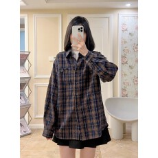 批发加厚磨毛棉复古格子衬衫女26年秋冬慵懒宽松显白藏青色休闲<b class='q'>薄外套</b>