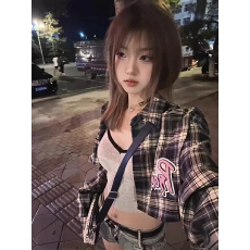 批发短款刺绣格子长袖衬衫女夏季薄款防晒外套设计感小众棉麻衬衣上衣