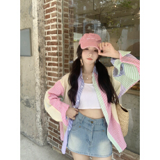 批发夏季新款日系甜美彩虹撞色条纹<b class='q'>衬衣</b><b class='q'>长袖</b><b class='q'>衬衫</b>女宽松街头防晒上衣潮