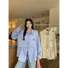 批发胖mm夏季条纹<b class='q'>长袖</b><b class='q'>衬衫</b>女薄款收腰大码显瘦防晒衣休闲韩版百搭<b class='q'>衬衣</b>