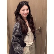 批发复古黑色格子<b class='q'>长袖</b>衬衫女2026夏季新款慵懒风宽松休闲防晒衬衣外套