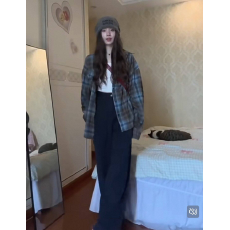 批发美式慵懒风宽松撞色<b class='q'>格子</b>长袖<b class='q'>衬衫女</b>春夏季小个子复古潮牌休闲外套