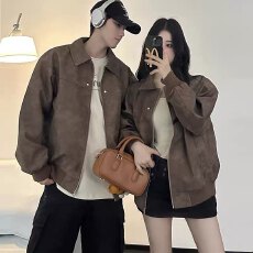 批发美式复古棕色翻领开衫外套女秋季2026新款仿麂皮绒夹克棒球服上衣