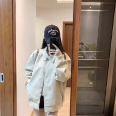 批发美式复古杏色翻领开衫外套女秋季2025新款仿麂皮绒夹克棒球服上衣