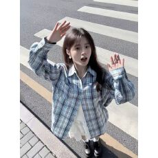 批发美式复古<b class='q'>格子衬衫</b>外套女2026春装新款别致宽松休闲衬衣中长款上衣