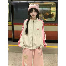 批发美式复古星星波点立领开衫卫衣外套女秋季新款宽松运动休闲棒球服