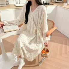 批发高级感彩色波点睡袍女春秋新款云朵棉长款睡裙睡衣洗澡浴袍家居服