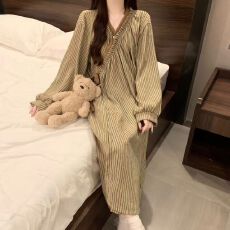 批发高级感棕色条纹睡袍女春秋新款云朵棉长款睡裙睡衣洗澡浴袍家居服