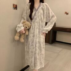 批发高级感水墨画睡袍女春秋新款云朵棉长款睡裙睡衣洗澡浴袍家居服