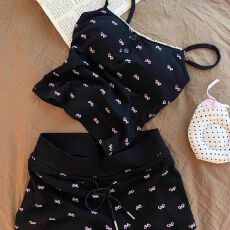 批发带胸垫 夏季睡衣女吊带花边短裤蝴蝶结印花家居服<b class='q'>套装</b> 冰丝螺纹