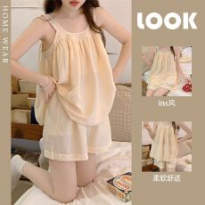 云朵棉睡衣女夏季薄款圆领吊带短裤夏天休闲可外穿家居服套装