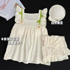批发小飞袖荷叶边睡衣女可爱夏季吊带甜美木耳边两件套女士款家居服装