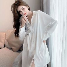 批发黑色衬衫裙女<b class='q'>性感</b>韩版宽松<b class='q'>睡裙</b>女春夏季雪纺长袖睡衣女夏天家居服