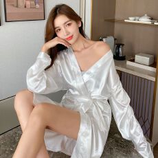 批发睡袍女春秋季长袖薄款<b class='q'>性感</b>仿真丝<b class='q'>睡衣</b>系带和服宽松家居服浴袍夏