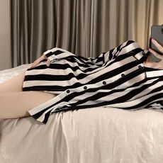批发条纹衬衫裙女<b class='q'>性感</b>韩版宽松<b class='q'>睡裙</b>女春夏季雪纺长袖睡衣女夏天家居服